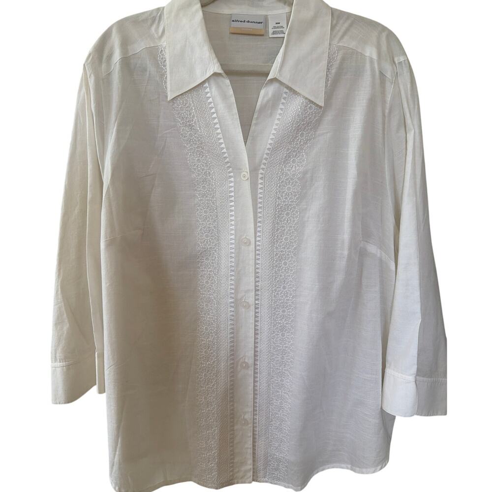 NEW Alfred Dunner White Button Up Blouse Women's Size 20W Embroidered Boho Chic